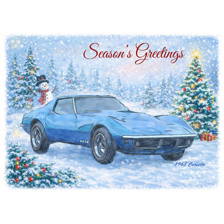 Fine art greeting card featuring a stunning soft illustration of a gleaming blue 1968 Corvette C3 coupe parked front and center in a magical winter wonderland scene with snow-dusted Christmas trees decorated with colored lights, a cheerful waving snowman, wrapped gifts, and softly falling snow, with Season's Greetings in elegant red script above and 1968 Corvette lettering in blue below, 5x7 greeting card with envelope by Will Davis Studios.