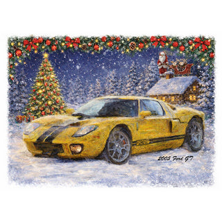 Fine art greeting card featuring a stunning painterly illustration of a gleaming competition yellow 2005 Ford GT with black racing stripes parked in a magical Christmas evening scene, with a glittering gold-lit Christmas tree, a snow-covered log cabin with Santa and his sleigh on the rooftop, and a lush evergreen garland with red bows and twinkling lights framing the top of the scene, with 2005 Ford GT lettering in elegant script below, 5x7 blank card with envelope by Will Davis Studios.
