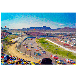 Racing event with cars on a track and mountains in the background
