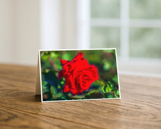 Greeting card with a red rose design on a wooden surface Fine Art by Will Davis Studios