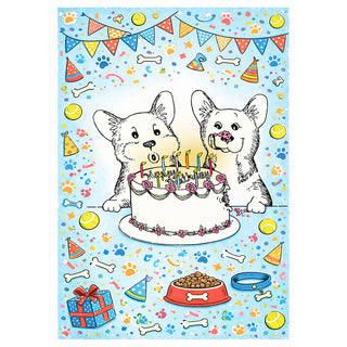 Illustration of two dogs with a birthday cake on a colorful background with party elements. Welsh Corgi Will Davis Studios