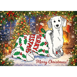 Fine art greeting card featuring a charming pen and ink illustration of a cheerful Dachshund tucked snugly inside a festive holly and Merry Christmas decorated stocking, set against a warm magical Christmas interior scene with a crackling brick fireplace with stockings hung above, a glittering decorated Christmas tree visible through a snowy window, wrapped gifts, and a lush evergreen border with glowing fairy lights, pine cones, and red berries, with Merry Christmas in festive red script below, 5x7 greetin