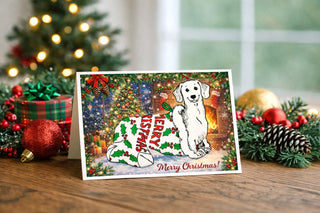 Will Davis Studios 5x7 Christmas greeting card featuring a dachshund sitting in a festive stocking in front of a cozy fireplace and decorated Christmas tree with holly garland border and “Merry Christmas” text.