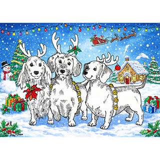 Fine art greeting card featuring a charming watercolor and pen and ink illustration of three Dachshunds dressed as reindeer with matching antlers and golden jingle bell harnesses, one wearing a poinsettia collar and another sporting a holly sprig, posed together in a magical snowy Christmas village scene with colorful string lights, a decorated tree, wrapped gifts, a snowman, a glowing cottage, and Santa's sleigh visible in the starry blue sky above, 5x7 blank card with envelope by Will Davis Studios.