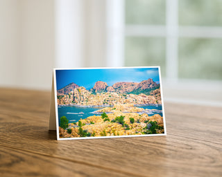 Scenic landscape print on a wooden surface with a blurred background Watson Lake Prescott Arizona By Will Davis Studios Fine Art Cards