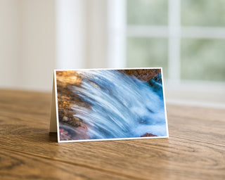 Greeting card with a waterfalls design on a wooden surface by Will Davis Studios Fine Art Cards