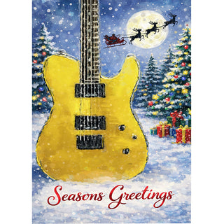 Yellow electric guitar with Christmas scene including trees, presents, and Santa in a sleigh. Will Davis Studios