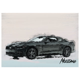 Black Mustang car on a textured white background with 'Mustang' text.