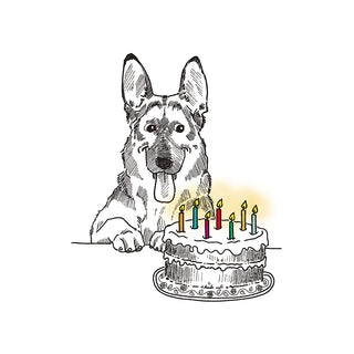 Illustration of a German Shepherd dog looking at a birthday cake with lit candles on a white background