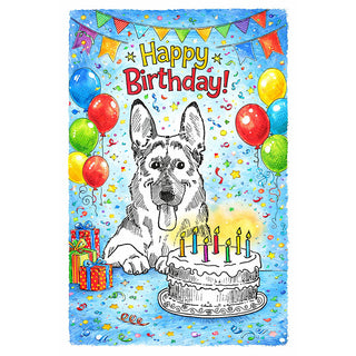 Birthday card with a dog and cake illustration, colorful balloons, and birthday decorations. German Shepherd Will Davis Studios