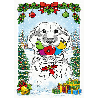 Illustration of a dog with Christmas ornaments and presents in a snowy  scene golden retriever cute holiday greeting card will davis studios