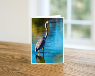 Greeting card with a heron on water, placed on a wooden surface. Will Davis Studios