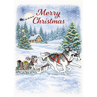 Christmas card with Huskies dogsled, Christmas trees, and 'Merry Christmas' text in a snowy landscape. Will Davis Studios