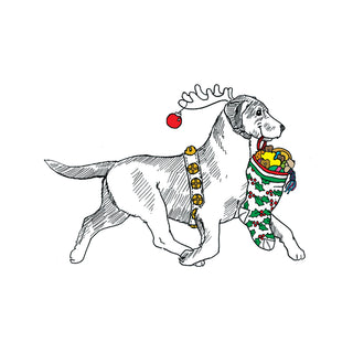 Fine art greeting card featuring a charming classic pen and ink illustration of a Labrador Retriever trotting proudly in reindeer antlers with a red ornament, a golden jingle bell harness, and a holly-decorated Christmas stocking stuffed to overflowing with colorful toys and treats clutched in its mouth, rendered in clean black and white line art with selective holiday color accents, 5x7 blank card with envelope by Will Davis Studios.