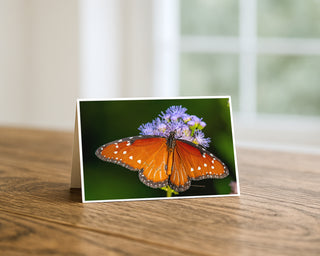 Product mockup of a Will Davis Studios 5x7 fine art greeting card in landscape orientation standing upright on a warm wooden table, featuring a magnificent Queen Butterfly with burnt orange wings spread wide and white spots along dark borders, perched on soft lavender blue wildflowers against a deep emerald green background, photographed in soft natural light with a bright window in the background