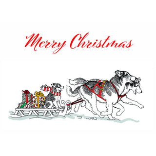 Illustration of Siberian Huskies pulling a sled with Christmas presents and 'Merry Christmas' text on a white background.