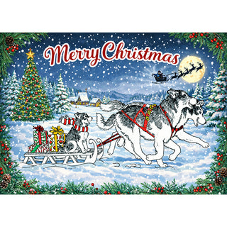 Fine art greeting card featuring a charming pen and ink illustration of two powerful Siberian Huskies in red working harness pulling a gift-laden wooden sled with a cheerful scarf-wearing passenger through a magical snowy Christmas landscape, framed by lush evergreen branches, pine cones, and red berries, with a glittering Christmas tree, snow-covered church, warm village lights, and Santa's sleigh crossing the full moon in the starry blue sky, with Merry Christmas in bold festive script above, 5x7 greeting