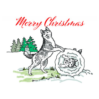 Illustration of a dog and cat under a snowball with 'Merry Christmas' text.