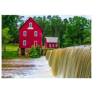 Red mill with a waterfall in a forested area Starr Mill Falls Georgia photo by Matt Punches