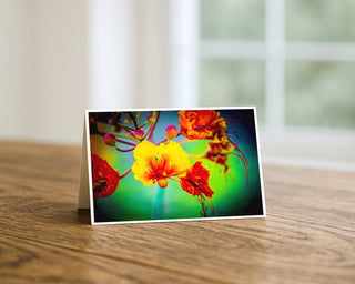 5x7 greeting card featuring vibrant tropical flower macro photography with bright yellow and red petals against a colorful green and blue background by Will Davis Studios.