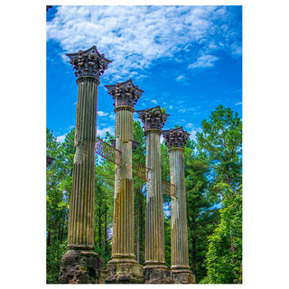 Ancient columns in a forest with a blue sky