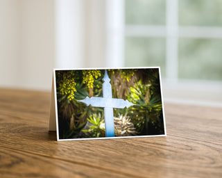 Greeting card with a cross design on a wooden surface. Fine Art Card by Will Davis Studios