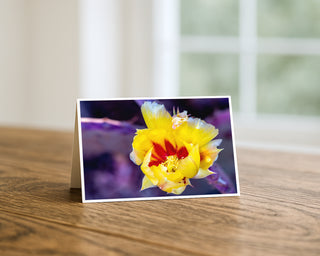 Greeting card with a yellow flower design on a wooden surface Will Davis Studios