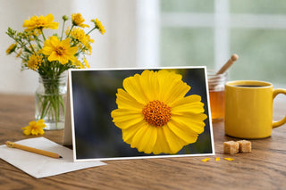 Product mockup of a Will Davis Studios 5x7 fine art greeting card in landscape orientation standing upright on a warm wooden table featuring a radiant yellow Calendula macro photograph, surrounded by a charming morning scene with a mason jar of fresh yellow wildflowers, a yellow coffee mug, a jar of honey with a wooden dipper, brown sugar cubes, scattered yellow petals, a white envelope, and a pencil, photographed in soft natural light with a bright window in the background.