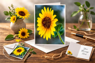Will Davis Studios 5x7 fine art greeting card product mockup featuring a vibrant yellow sunflower close-up displayed on a wooden table with envelope and floral props.